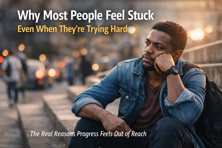 Thoughtful young African man sitting on urban steps at dusk, looking ahead as city lights blur in the background, representing feeling stuck despite effort.