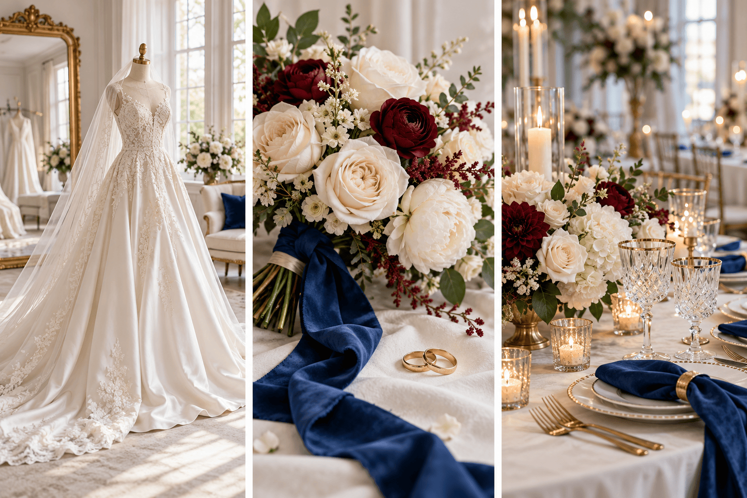 Wedding inspiration featuring an ivory gown, bridal flowers, rings and an elegant reception