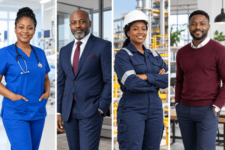 Illustrative professionals representing healthcare, banking, oil and gas, and business
