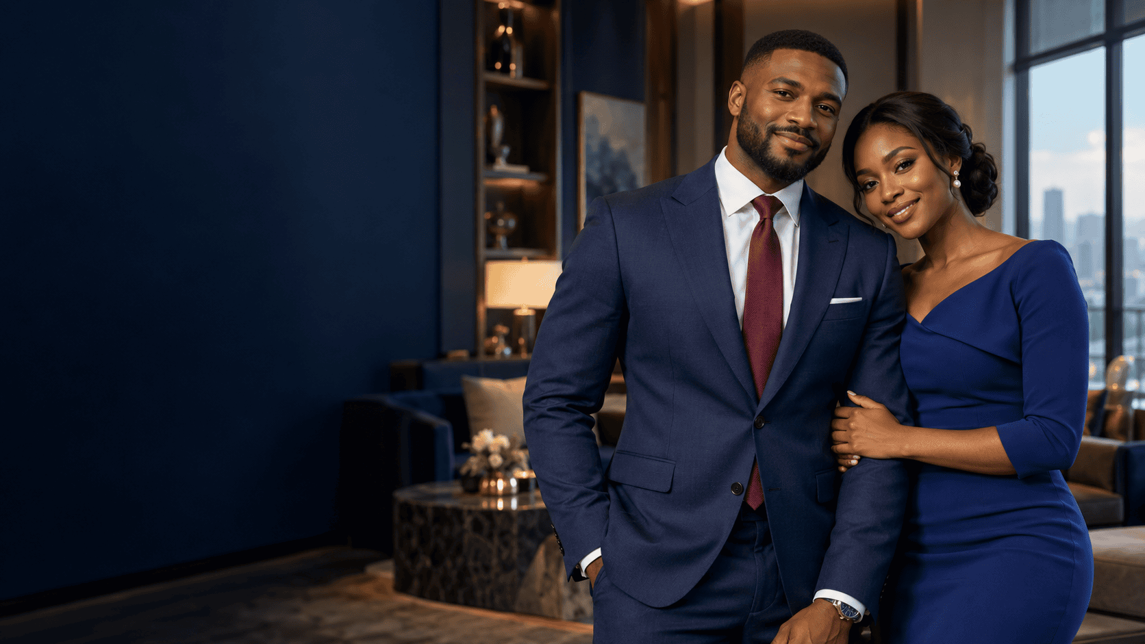 Corporate couple in blue attire; illustrative image